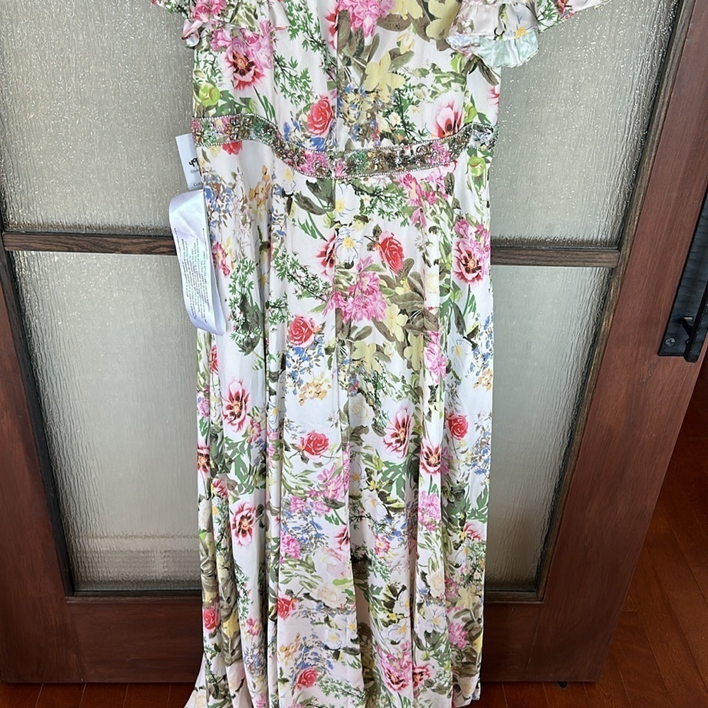 Mac Duggal FLORAL PRINT FAUX WRAP FLUTTER SLEEVE A LINE GOWN size 12 $498 - Picture 14 of 15